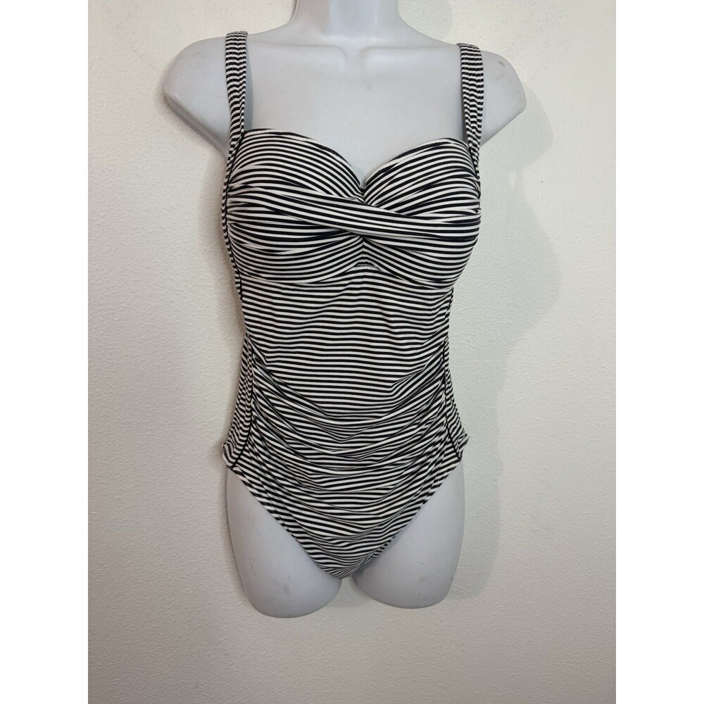 NipTuck One Pc Swimsuit 14 Black White Jet Stream Ruched Tummy Control Slimming